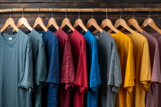 A row of blue tshirts hanging on clothes hangers in a closet, showcasing a mix of fashion and textile products on wooden furniture under a light