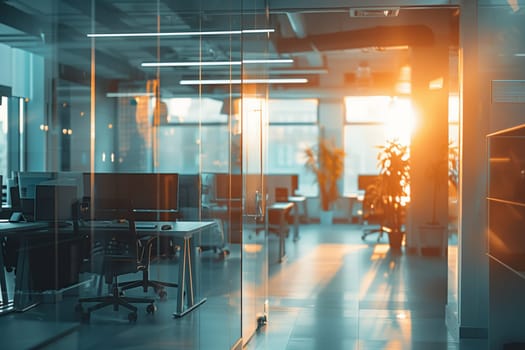 Sunlight streaming through the glass windows of the office building, illuminating the flooring and fixtures inside