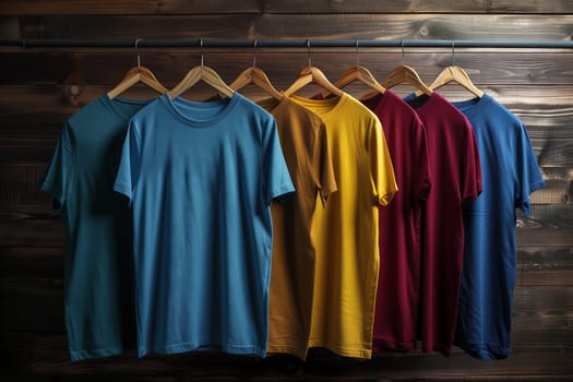 A row of vibrant tshirts displayed on a wooden clothes hanger in a storefront window, showcasing stylish fashion designs in colors like purple and electric blue