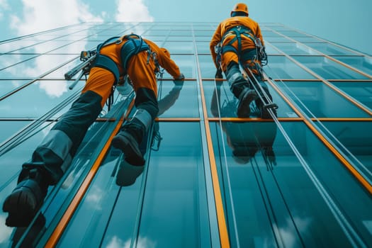 Two men are leisurely cleaning the windows of a tall building overlooking an electric blue swimming pool. The symmetry and patterns of their movements resemble a fun competition event