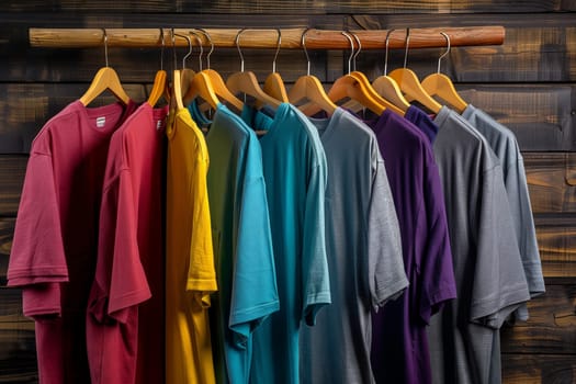 A display of vibrant Outerwear on Clothes hangers against a Window backdrop, showcasing the latest Fashion designs in shades of Purple, Magenta, with Textile Sleeves. Products ready for Dry cleaning