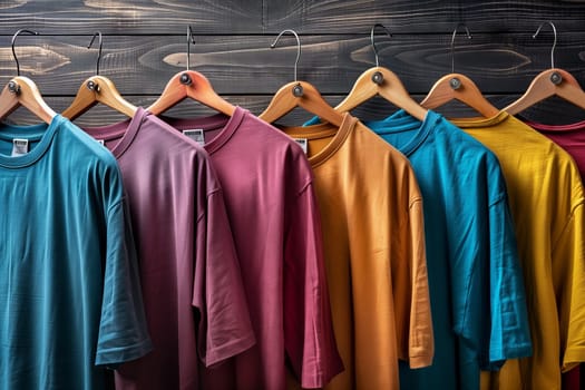 A line of vibrant Clothing items displayed on Clothes hangers includes colorful tshirts in various sizes and shades like Purple, ready to be worn and accessorized