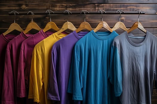 Displaying a row of vibrant Tshirts on wooden hangers showcasing electric blue fashion design. The rectangular clothes hanger features textile sleeve outerwear for formal wear