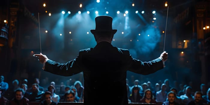 Showman presents his show, spreading his hands to the sides. The guy in the purple camisole and the cylinder. Bright tailcoat, suit. High quality photo