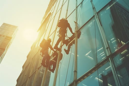 A group of musicians are playing string instruments on the rooftop of a tall building under an electric blue sky, entertaining passersby with their music