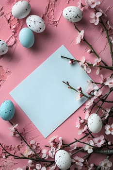 Pink petals, twigs, and a piece of paper with Easter eggs and flowers on a magenta background. The font is printed in a wood pattern circle. Perfect for a spring event serveware