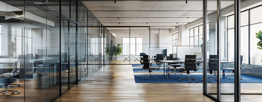 The building features an empty office with numerous windows and glass walls, showcasing a modern design with hardwood flooring and wood fixtures. Lush plants add a touch of greenery to the space