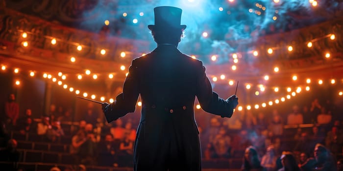 Showman presents his show, spreading his hands to the sides. The guy in the purple camisole and the cylinder. Bright tailcoat, suit. High quality photo