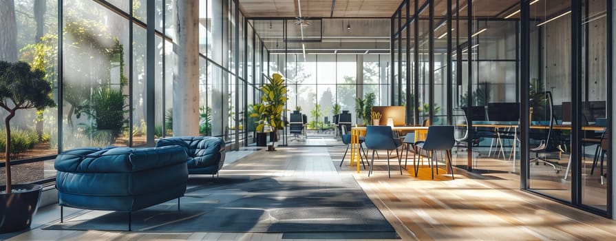 A spacious hallway in an office building features a wood flooring, large windows with a view of the city, and plants decorating the furniture