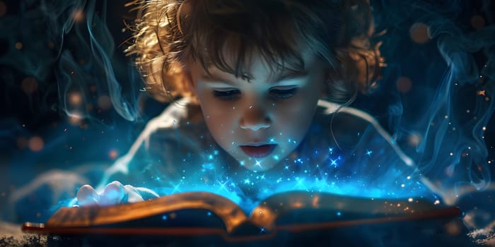 Cute little boy reading magic book on dark background. High quality photo