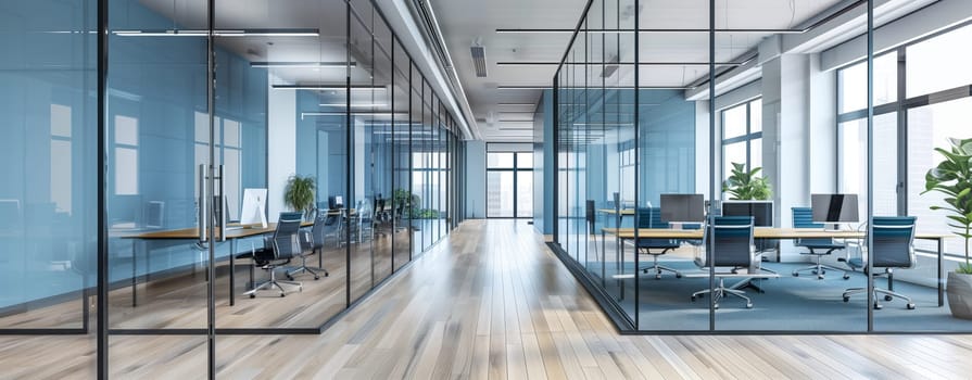 A modern office building with glass walls and plenty of windows, featuring wood flooring and a sleek facade. Designed with engineering precision, ideal for a condominium
