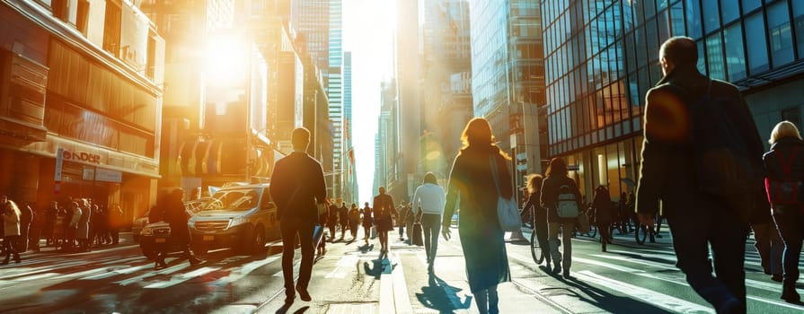 A group of individuals strolling down a bustling city street, passing by buildings, trees, and various facades, enjoying the lively atmosphere and urban travel experience