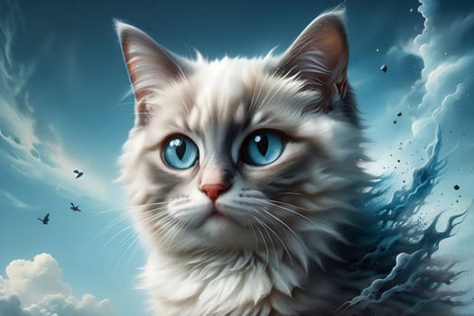 A beautiful young purebred Ragdoll cat with developing long hair sits on a blue background. AI generated image.
