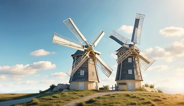 3D Render High Detail of a Isolated Windmills, isolated on background