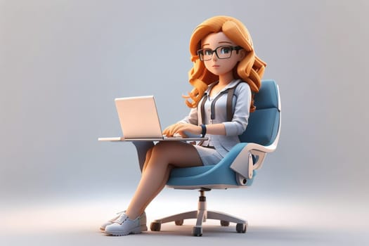 3D Render High Detail of a Cartoon Female Character Working on laptop, isolated on background