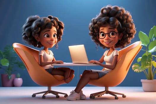 3D Render High Detail of a Cartoon Female Character Working on laptop, isolated on background