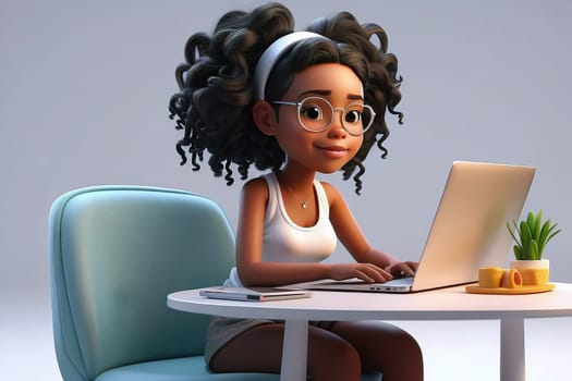 3D Render High Detail of a Cartoon Female Character Working on laptop, isolated on background