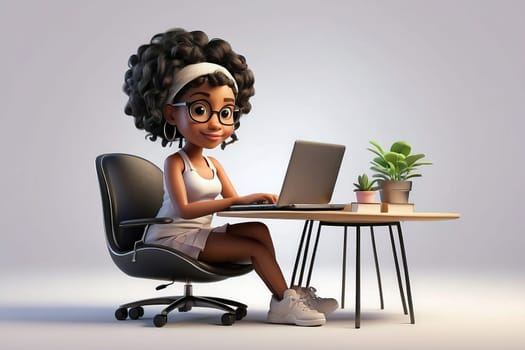 3D Render High Detail of a Cartoon Female Character Working on laptop, isolated on background