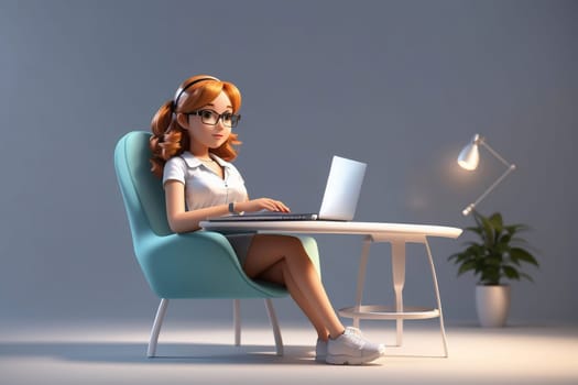 3D Render High Detail of a Cartoon Female Character Working on laptop, isolated on background