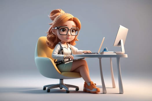 3D Render High Detail of a Cartoon Female Character Working on laptop, isolated on background