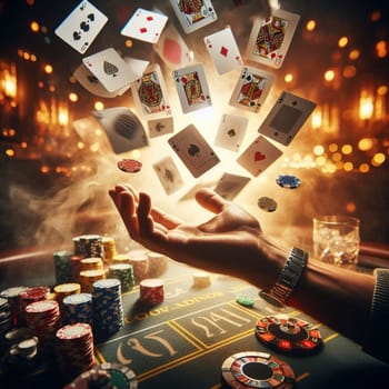 In the midst of a bustling casino, a table is adorned with stacks of colorful casino chips while neon lights flash and illuminate the scene, AI generated