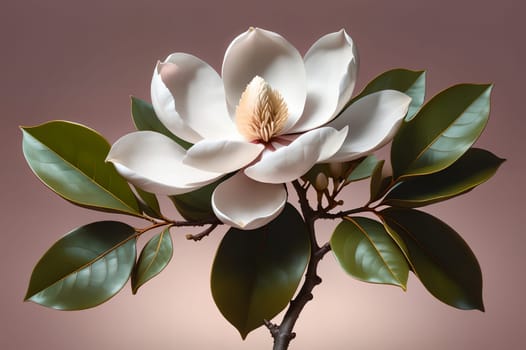 White magnolia isolated on pink background . AI generated image.