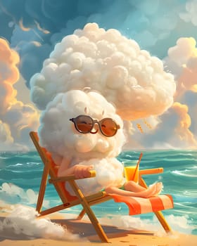 An artistic scene of a cloud wearing sunglasses sitting in a beach chair, overlooking the sky. A fun and happy vision care concept in painting form