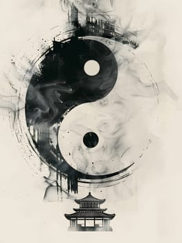 A monochrome painting of a yin yang symbol with a pagoda in the background, featuring intricate details and a striking visual art composition