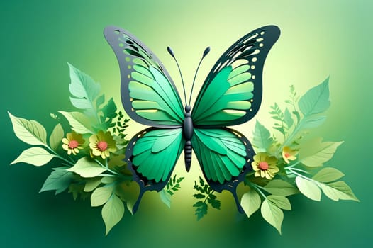 butterfly on flowers isolated on light green background, 3D picture . AI generated image.
