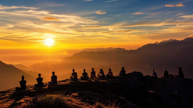 Group of people practicing yoga poses at sunrise on a mountain peak above the clouds, symbolizing peace and mindfulness. Resplendent.