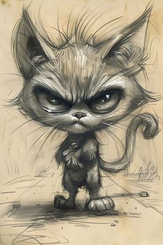 An illustration of a carnivorous terrestrial animal with whiskers and an angry expression, depicted in a black and white drawing on a sidewalk