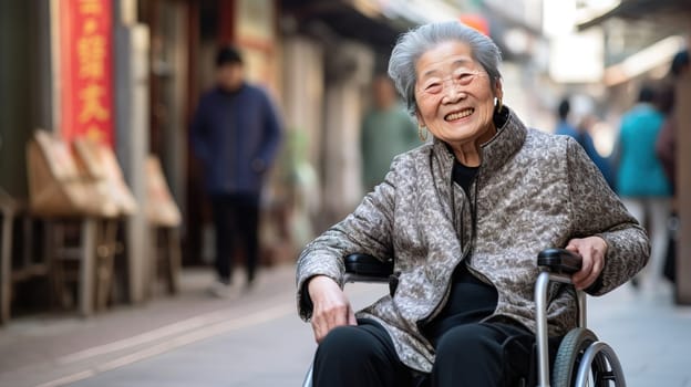 Happy Asian elderly woman with leg disability in wheelchair, moving freely in the city, leading an active lifestyle, Generated AI