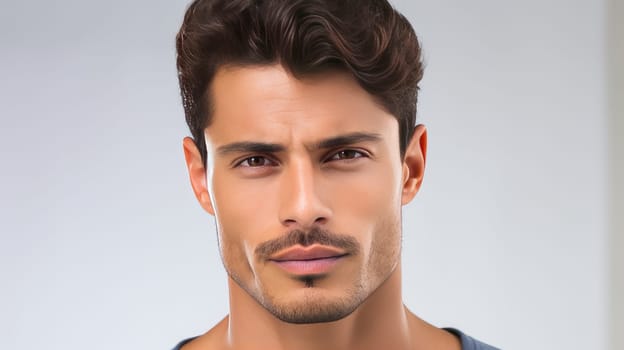 Portrait of an elegant sexy handsome serious Latino man with perfect skin, on a gray background. Advertising of cosmetic products, spa treatments shampoos and hair care products, dentistry and medicine, perfumes and cosmetology for men