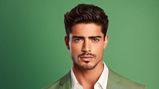 Portrait of an elegant sexy handsome serious Latino man with perfect skin, on a light green background. Advertising of cosmetic products, spa treatments shampoos and hair care products, dentistry and medicine, perfumes and cosmetology for men