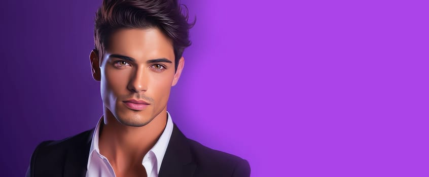Portrait of an elegant sexy handsome serious Latino man with perfect skin, on a purple background. Advertising of cosmetic products, spa treatments shampoos and hair care products, dentistry and medicine, perfumes and cosmetology for men