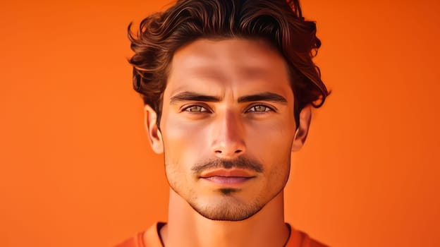 Portrait of an elegant sexy handsome serious Latino man with perfect skin, on an orange background. Advertising of cosmetic products, spa treatments shampoos and hair care products, dentistry and medicine, perfumes and cosmetology for men