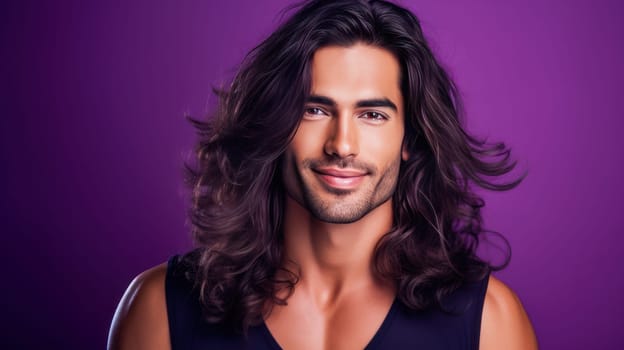 Portrait of an elegant sexy smiling Latino man with perfect skin and long hair, on a purple background. Advertising of cosmetic products, spa treatments shampoos and hair care products, dentistry and medicine, perfumes and cosmetology for men