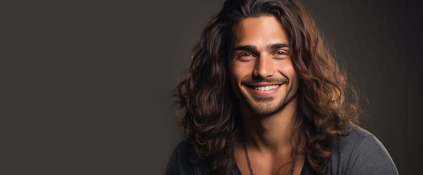 Portrait of an elegant sexy smiling Latino man with perfect skin and long hair, on a gray background. Advertising of cosmetic products, spa treatments shampoos and hair care products, dentistry and medicine, perfumes and cosmetology for men