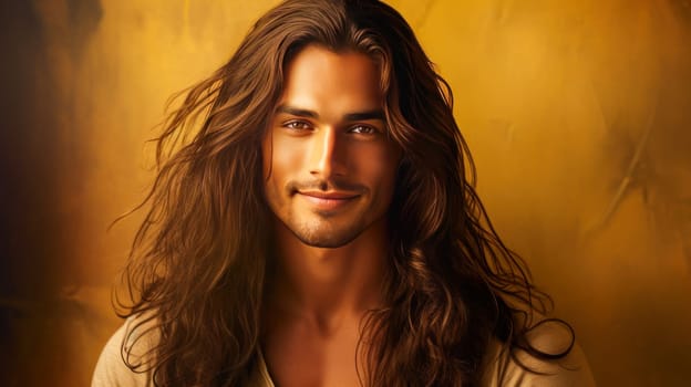 Portrait of an elegant sexy smiling Latino man with perfect skin and long hair, on a golden background. Advertising of cosmetic products, spa treatments shampoos and hair care products, dentistry and medicine, perfumes and cosmetology for men