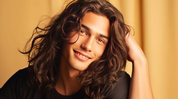 Portrait of an elegant sexy smiling Latino man with perfect skin and long hair, on a beige background. Advertising of cosmetic products, spa treatments shampoos and hair care products, dentistry and medicine, perfumes and cosmetology for men