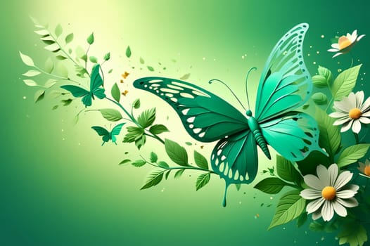 butterfly on flowers isolated on light green background, 3D picture . AI generated image.