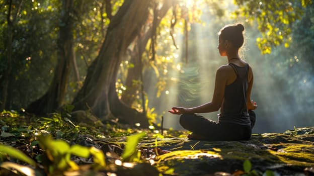 The picture of the young or adult female human doing the yoga pose for relaxation or meditating the mind in the middle of the nature under the bright sun in the daytime of a dawn or dusk day. AIGX03.