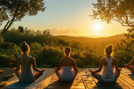 A serene yoga class at sunrise, participants in a tranquil outdoor setting, symbolizing peace and mindfulness. Resplendent.