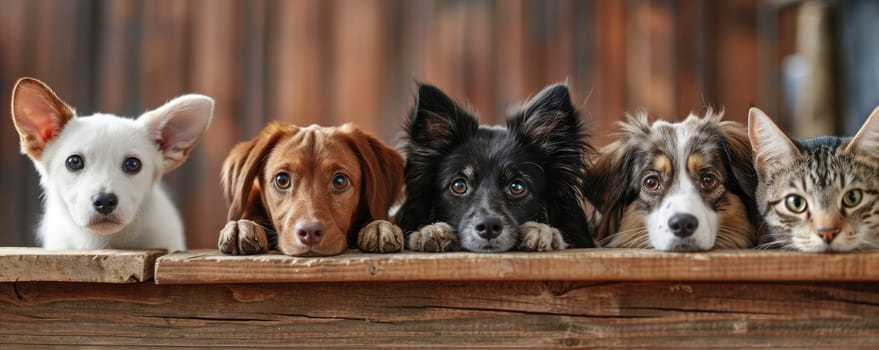 The picture of front view and close up of the multiple group of the various cat and dog in front of the wood object background that look back to the camera with the curious and interest face. AIGX03.