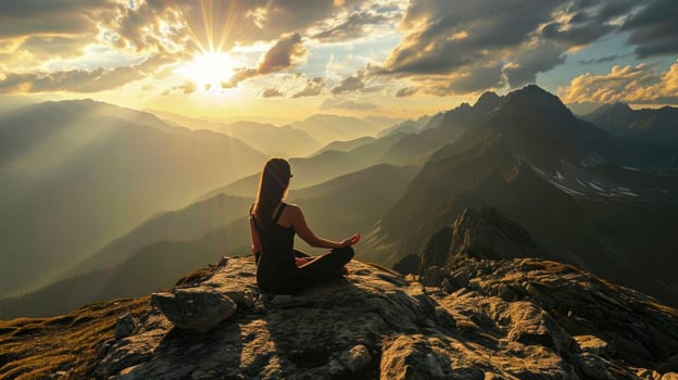 The picture of the young or adult female human doing the yoga pose for relaxation or meditating the mind in the middle of the nature under the bright sun in the daytime of a dawn or dusk day. AIGX03.