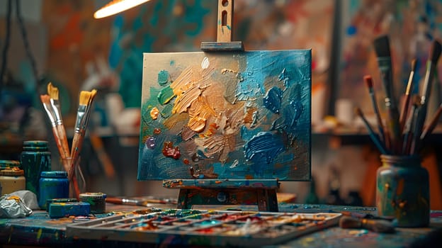 An electric blue painting on an easel stands in a room with brushes and paint on a wooden table. The city market event is filled with visual arts