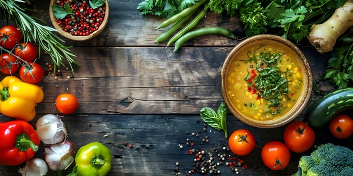 A rustic wooden table adorned with bowls of hearty vegetable soup, showcasing an array of colorful plantbased ingredients such as leafy greens and fresh vegetables