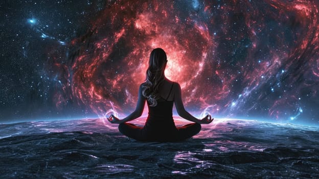 The picture of the young or adult female human doing the yoga pose for relaxation or meditating the mind in the middle of the fantasy surreal space with bright light from the source of light. AIGX03.