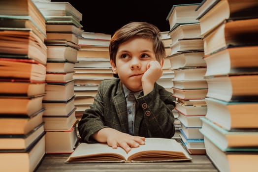 Cute little schoolboy reading interesting book in library between stacks of books literature. Education concept, time for kids pleasure. High quality photo