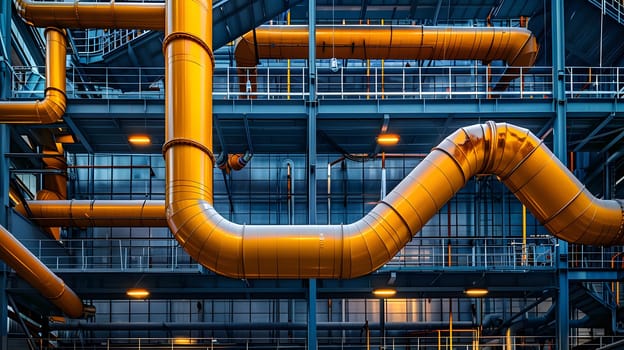Electric blue composite material pipes are intricately connected in an urban engineering design for gas transportation in a city, blending functionality with aesthetics